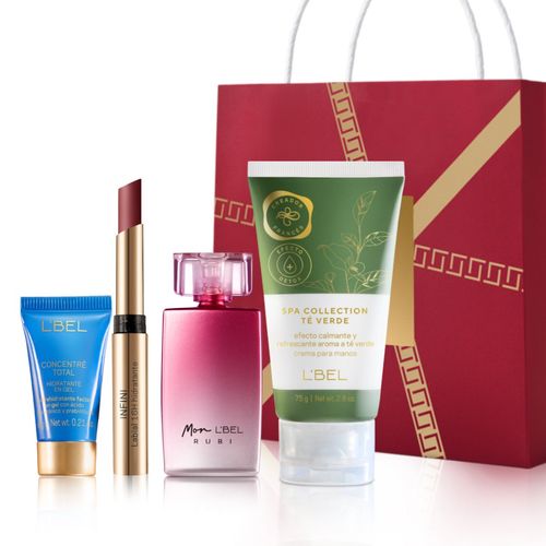 Set Trial Size lápiz labial + perfume de mujer mini + crema para manos + gel hidratante facial